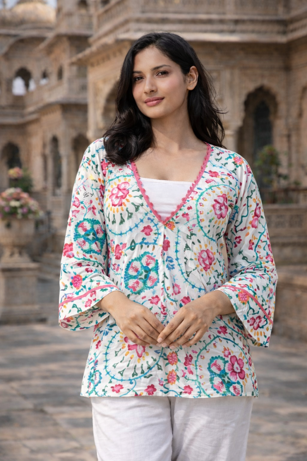 Women’s Floral Cotton Top – Soft Summer Wear | Handcrafted Floral Oversized Cotton Top