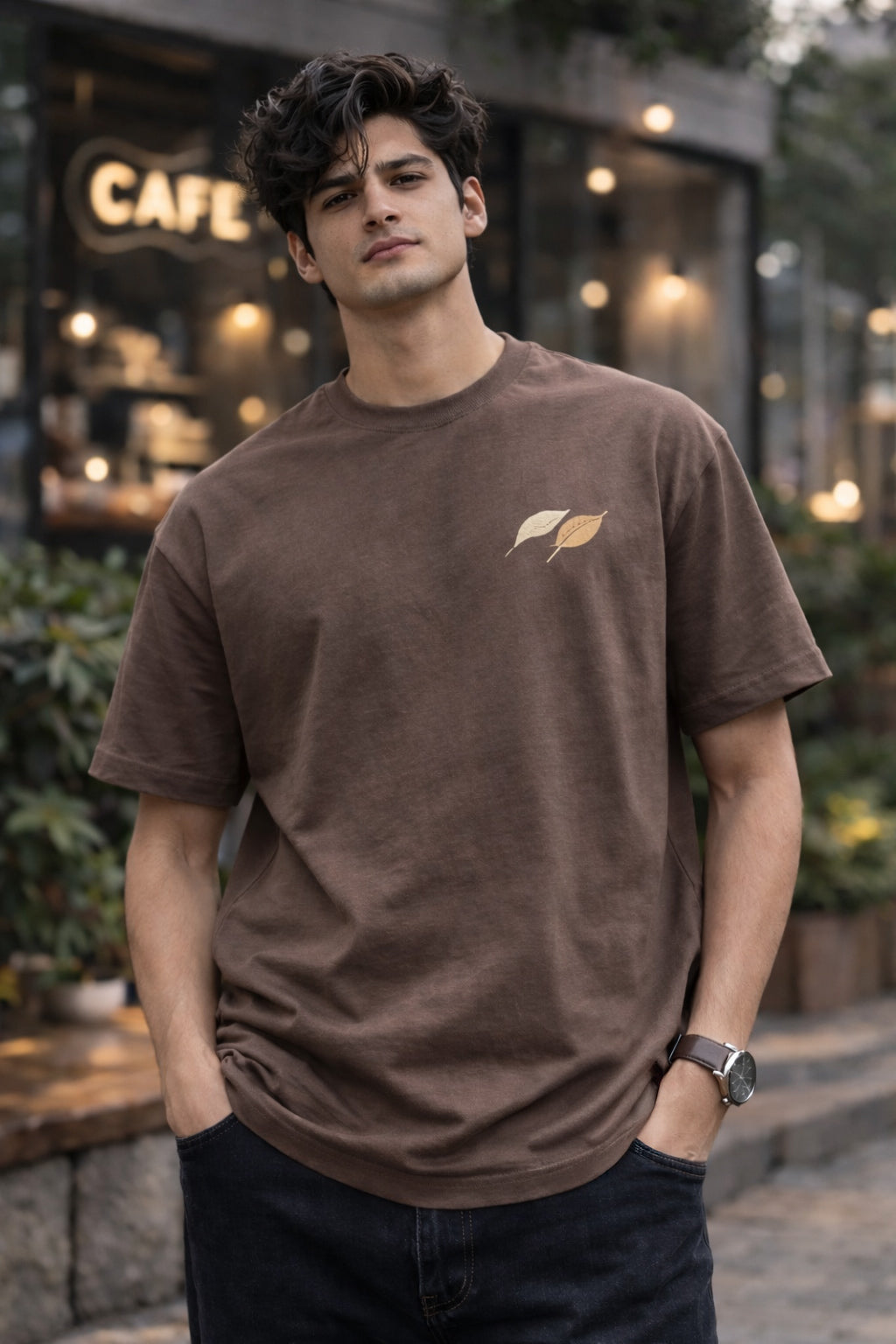 Mocha Brown Unisex Cotton T-Shirt with Minimal Leaf Graphic | Premium Oversized Fit Casual Wear Tee