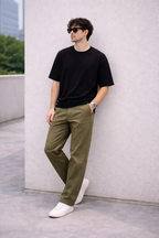 Olive Green Relaxed Fit Chinos for Men | Cotton Blend Casual Trousers