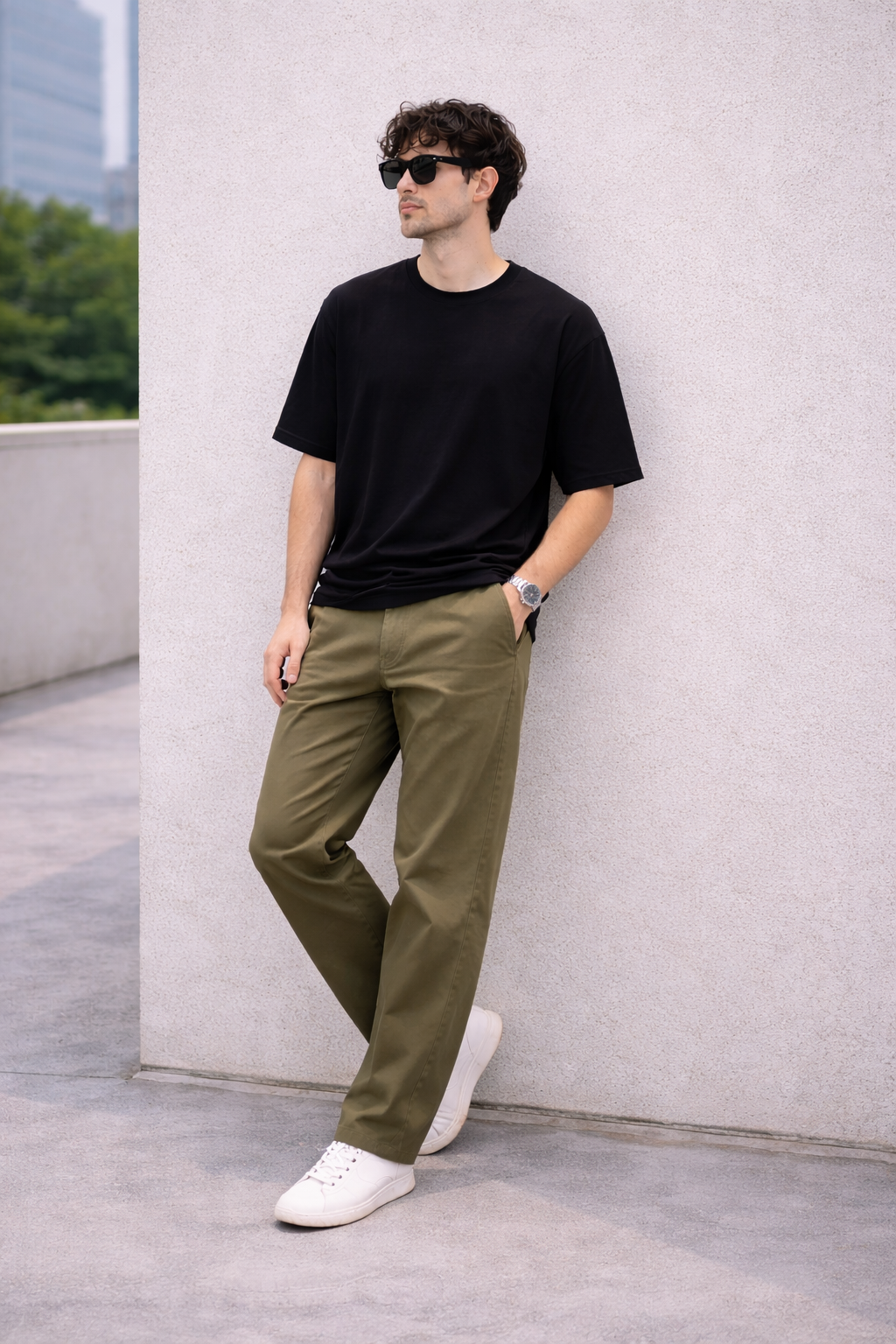 Olive Green Relaxed Fit Chinos for Men | Cotton Blend Casual Trousers
