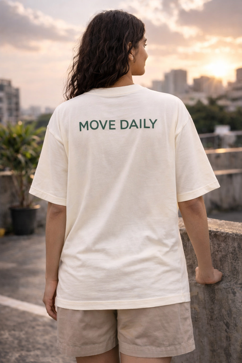 Move Daily Unisex Oversized T-Shirt – Minimal Leaf Icon Design | Off-White