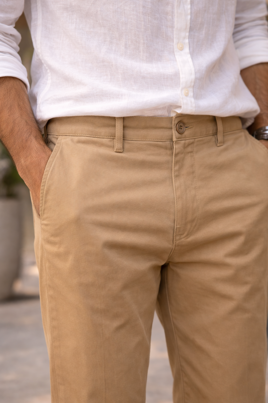 Khaki Casual Chinos for Men | Relaxed Fit Cotton Blend Trousers