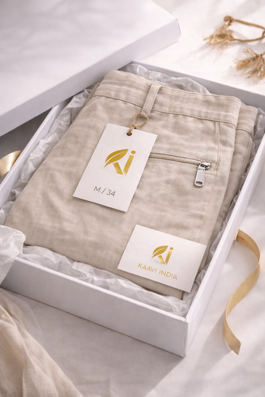 Beige Linen Chinos with Utility Zipper Pocket – Relaxed Fit Premium Trousers
