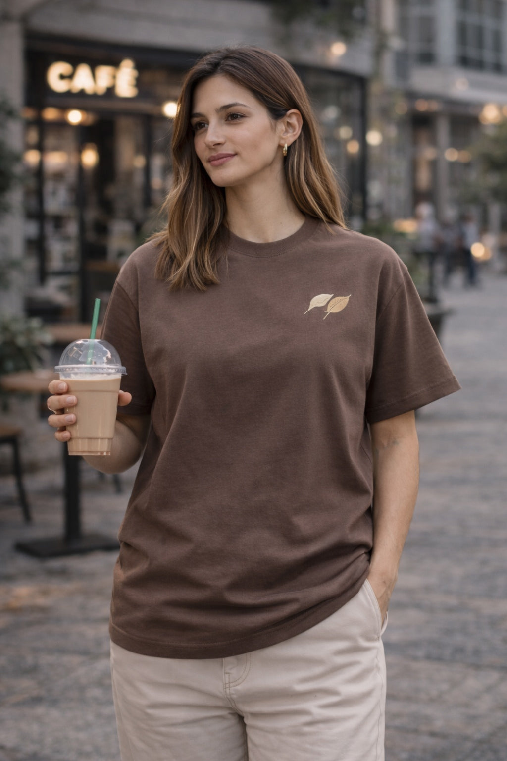 Mocha Brown Unisex Cotton T-Shirt with Minimal Leaf Graphic | Premium Oversized Fit Casual Wear Tee