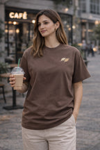Mocha Brown Unisex Cotton T-Shirt with Minimal Leaf Graphic | Premium Oversized Fit Casual Wear Tee