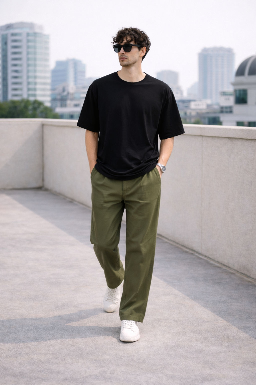 Olive Green Relaxed Fit Chinos for Men | Cotton Blend Casual Trousers