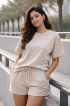 ComfortFlex Cotton Co-Ord Set for Women Relaxed Fit Summer Lounge Wear (Beige)