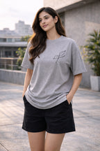 Comfort in Motion Unisex Oversized T-Shirt – Flow Leaf Minimal Design | Stone Grey