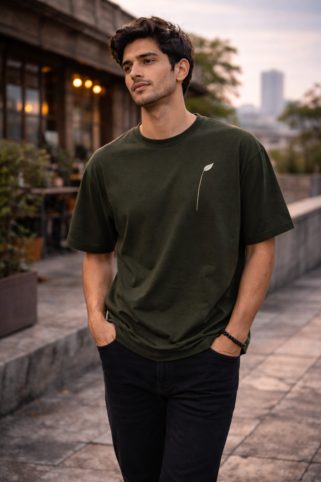 Motion Leaf Unisex Oversized T-Shirt – Dark Olive Green | Premium Cotton Streetwear Tee