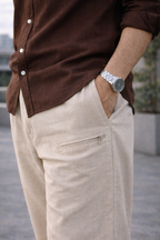 Beige Linen Chinos with Utility Zipper Pocket – Relaxed Fit Premium Trousers
