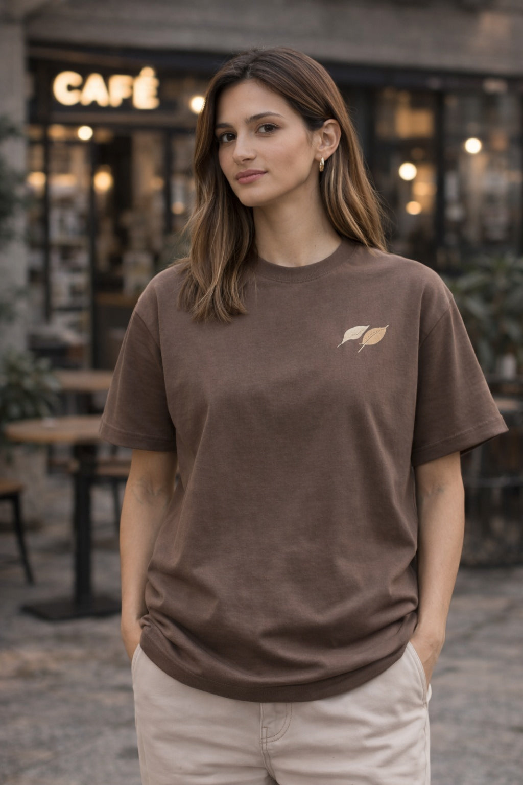Mocha Brown Unisex Cotton T-Shirt with Minimal Leaf Graphic | Premium Oversized Fit Casual Wear Tee