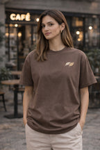 Mocha Brown Unisex Cotton T-Shirt with Minimal Leaf Graphic | Premium Oversized Fit Casual Wear Tee