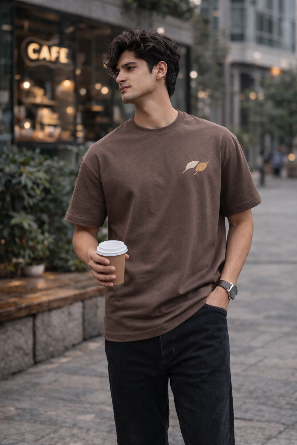 Mocha Brown Unisex Cotton T-Shirt with Minimal Leaf Graphic | Premium Oversized Fit Casual Wear Tee