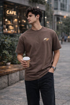 Mocha Brown Unisex Cotton T-Shirt with Minimal Leaf Graphic | Premium Oversized Fit Casual Wear Tee