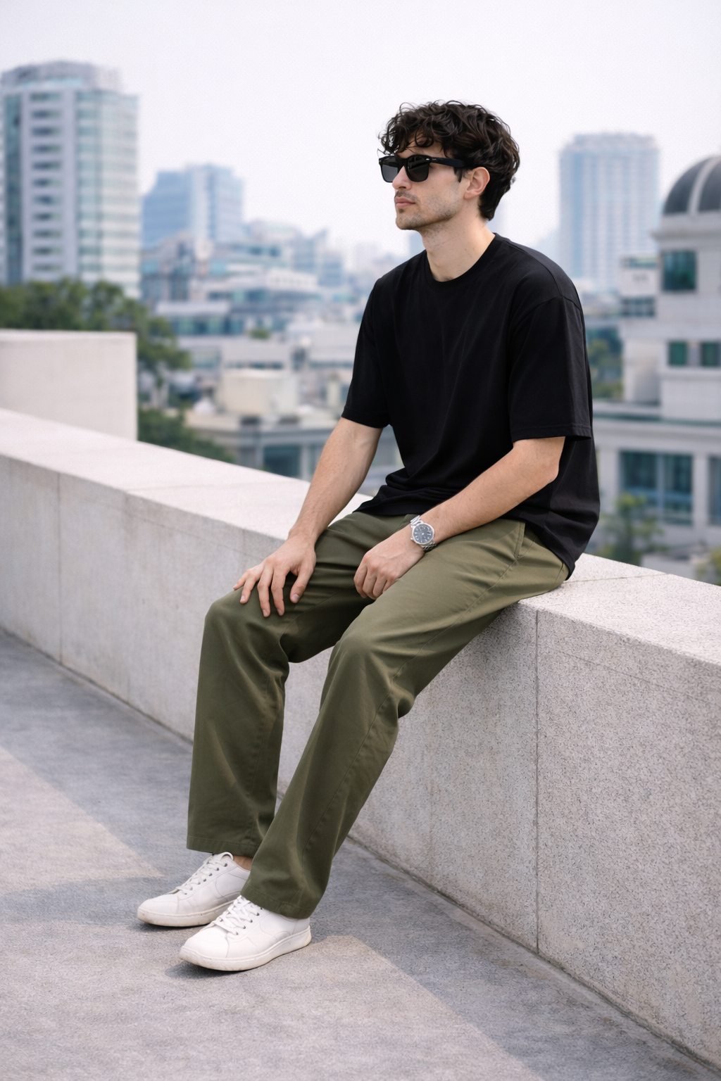 Olive Green Relaxed Fit Chinos for Men | Cotton Blend Casual Trousers