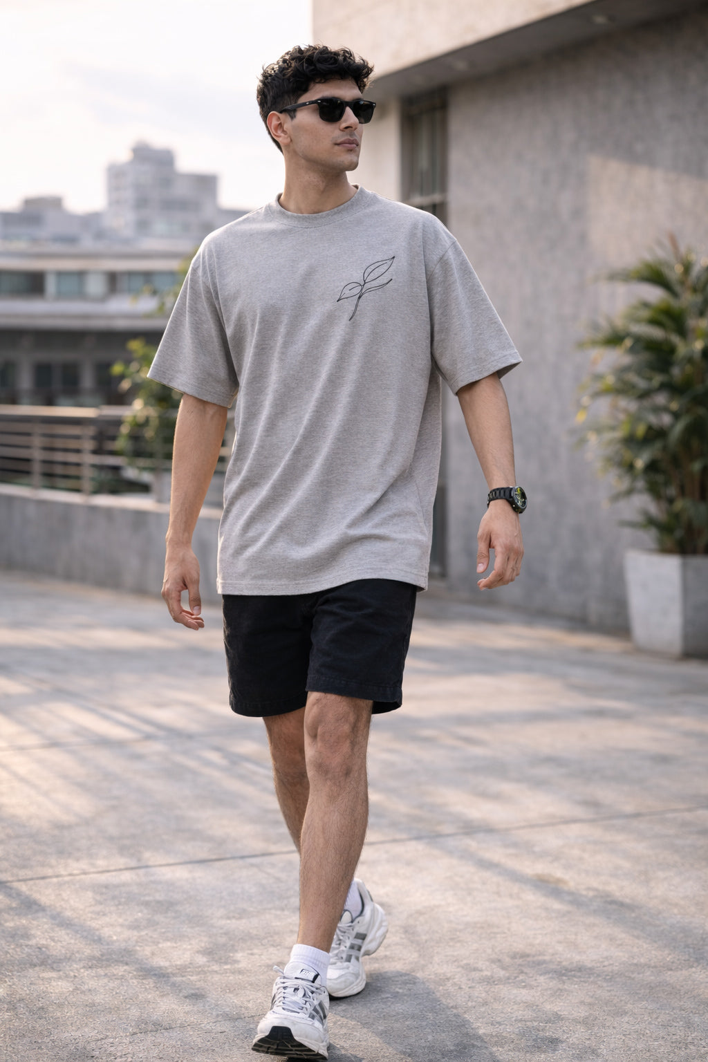Comfort in Motion Unisex Oversized T-Shirt – Flow Leaf Minimal Design | Stone Grey