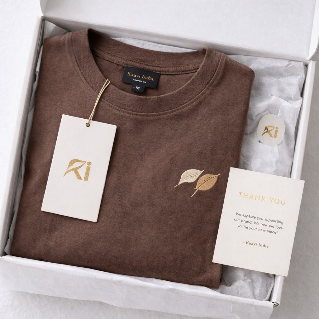 Mocha Brown Unisex Cotton T-Shirt with Minimal Leaf Graphic | Premium Oversized Fit Casual Wear Tee