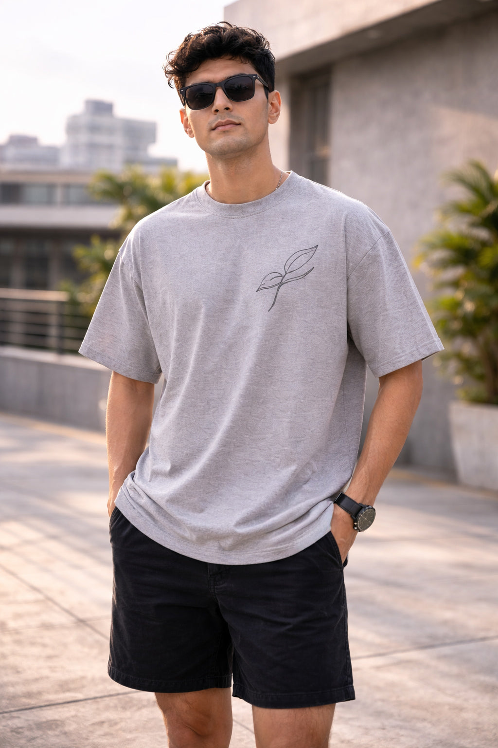 Comfort in Motion Unisex Oversized T-Shirt – Flow Leaf Minimal Design | Stone Grey