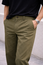 Olive Green Relaxed Fit Chinos for Men | Cotton Blend Casual Trousers
