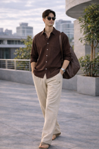 Beige Linen Chinos with Utility Zipper Pocket – Relaxed Fit Premium Trousers