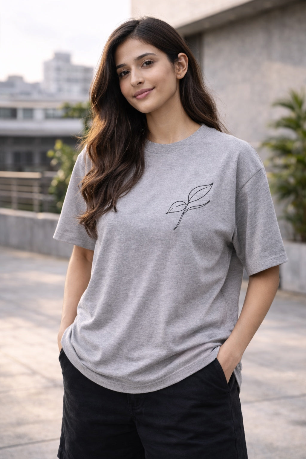 Comfort in Motion Unisex Oversized T-Shirt – Flow Leaf Minimal Design | Stone Grey