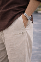 Beige Linen Chinos with Utility Zipper Pocket – Relaxed Fit Premium Trousers