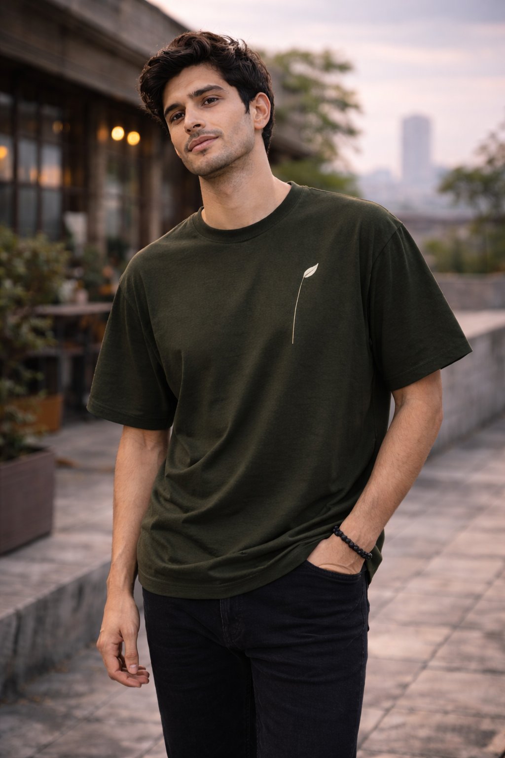 Motion Leaf Unisex Oversized T-Shirt – Dark Olive Green | Premium Cotton Streetwear Tee